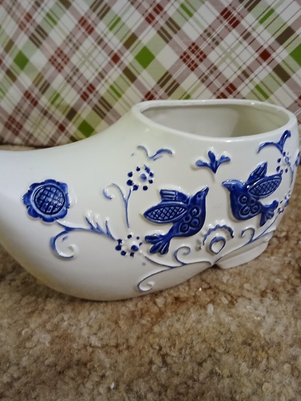 Vintage Ceramic Japan Delft Style Blue White Bird Floral Dutch Clog Planter